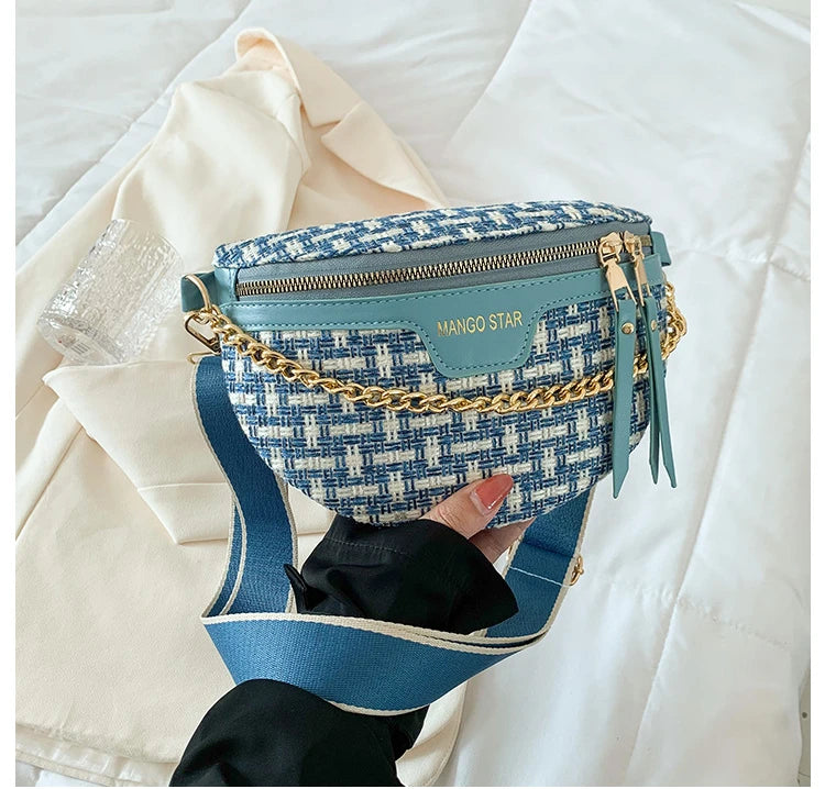 Women's Knitted Waist Bag Weaving Fanny Pack with Wide Strap