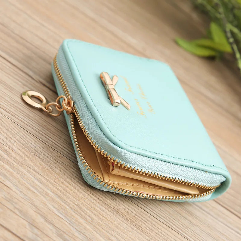 Bow Women Leather Wallet Zipper Purse Slim