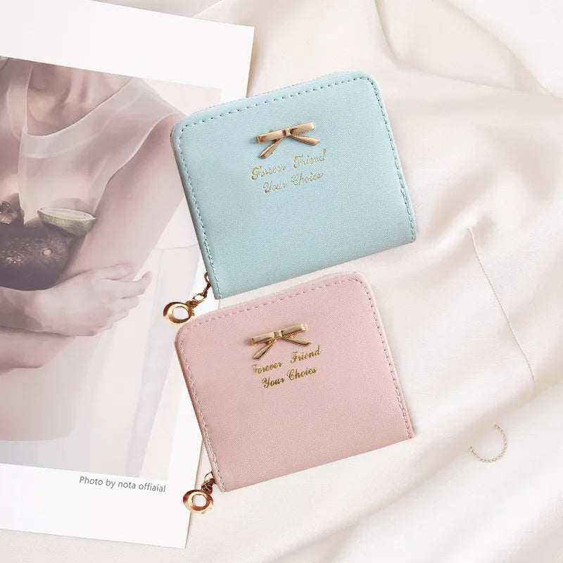Bow Women Leather Wallet Zipper Purse Slim