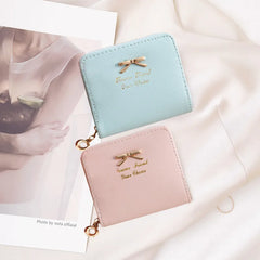 Bow Women Leather Wallet Zipper Purse Slim