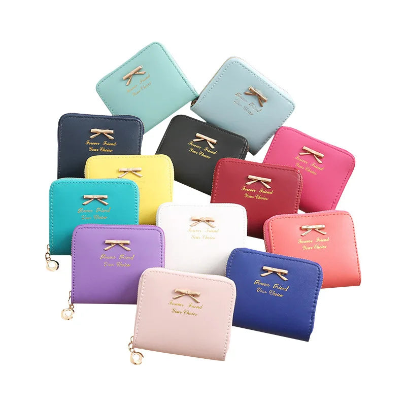 Bow Women Leather Wallet Zipper Purse Slim