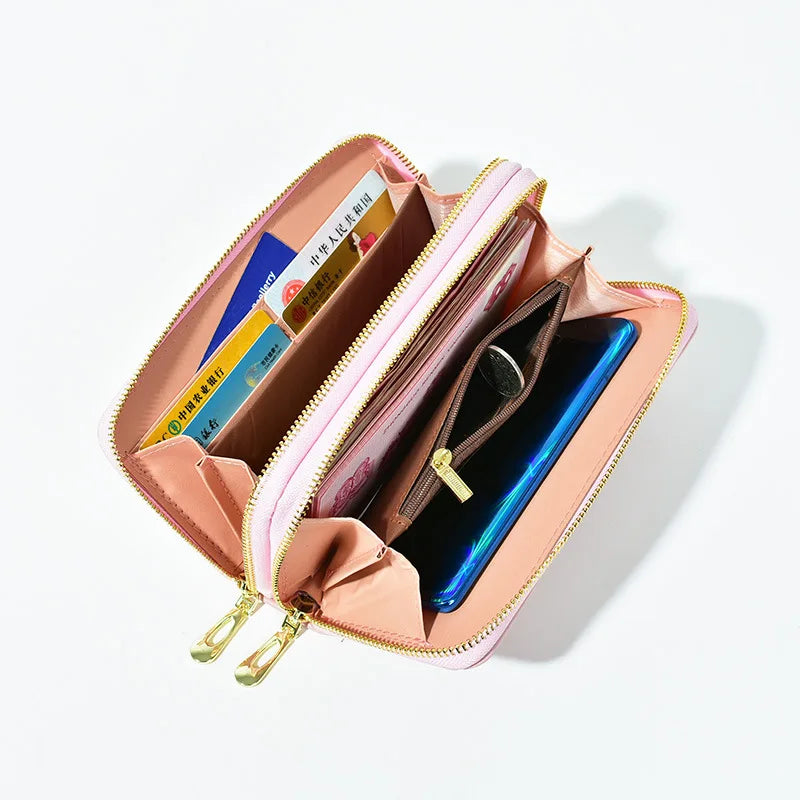 Women Long Wallet Double Zipper Leather Purse Large Capacity Handbag