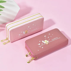 Women Long Wallet Double Zipper Leather Purse Large Capacity Handbag