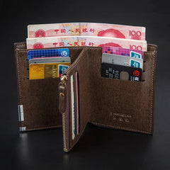 Natural Leather Short Men's Wallet Retro Zipper Slim Man Purse