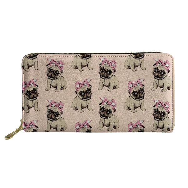 Pug Dog Print Zipper Travel Purse Woman Long Money Storage Bags