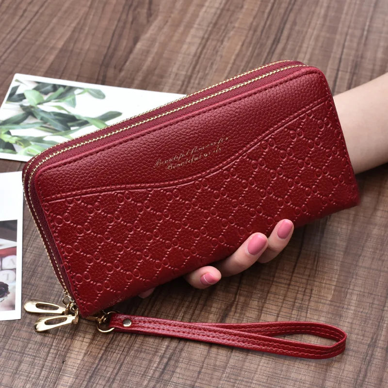 Women's Long Double Zipper Clutch Bag with Hand Strap