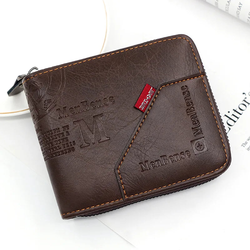 Men's Short Casual Wallet PU Leather Small Zipper Coins Bag