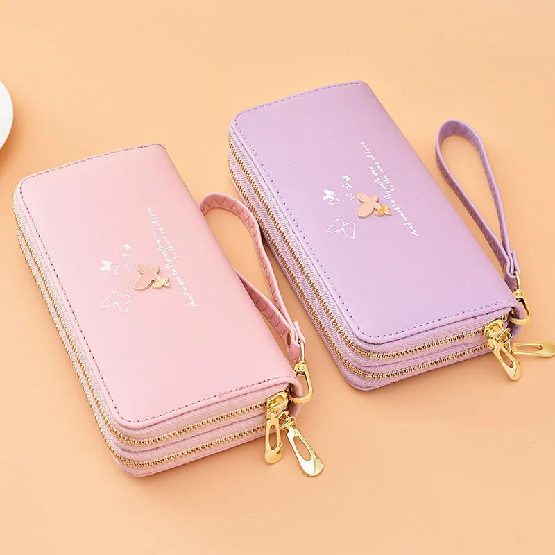 Cartoon Butterfly Wallet Wrist Handbag Double Zipper Large Capacity