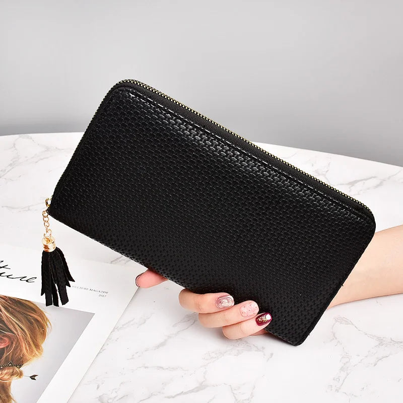 Women's Long Woven Handbag with Tassel Zipper