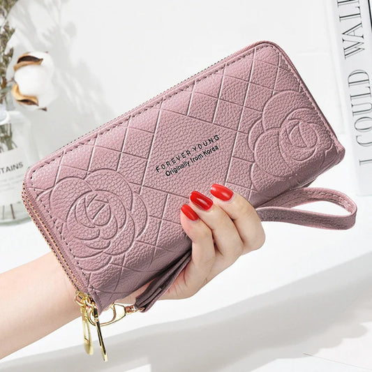Women's Long Wallet with Wrist Strap, Double Zipper