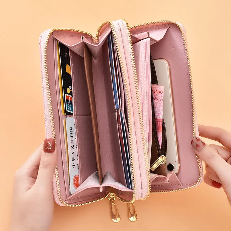 Bright Leather Double Zipper Hand Bag Large Capacity Mobile Phone Bag