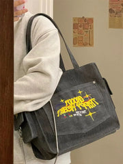 Canvas Embroidered Letters Retro Vintage Tote Shoulder Bag