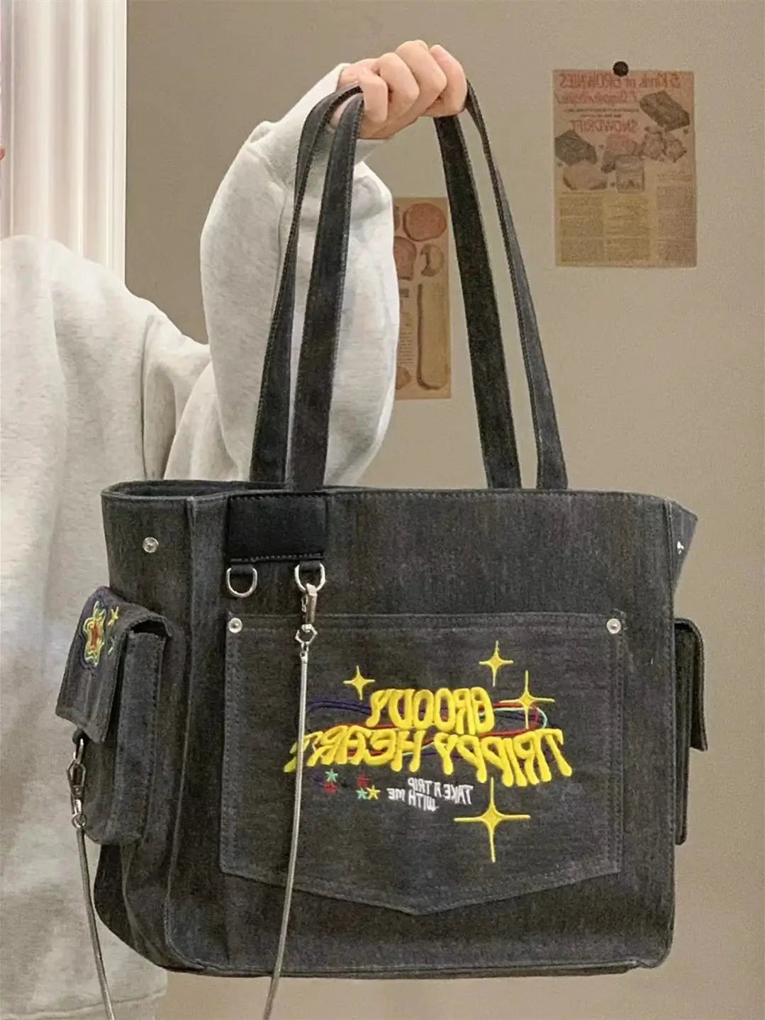 Canvas Embroidered Letters Retro Vintage Tote Shoulder Bag