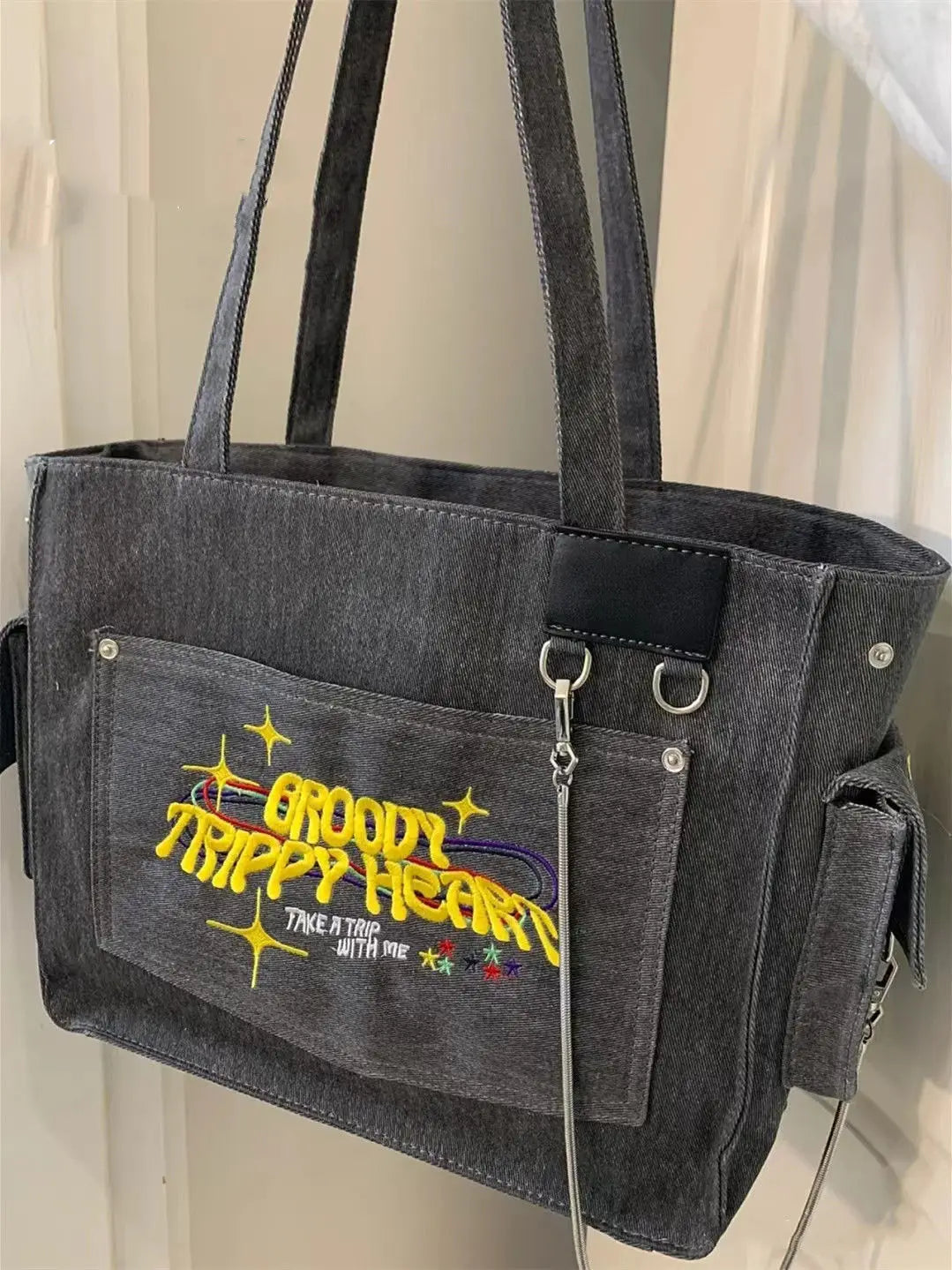 Canvas Embroidered Letters Retro Vintage Tote Shoulder Bag