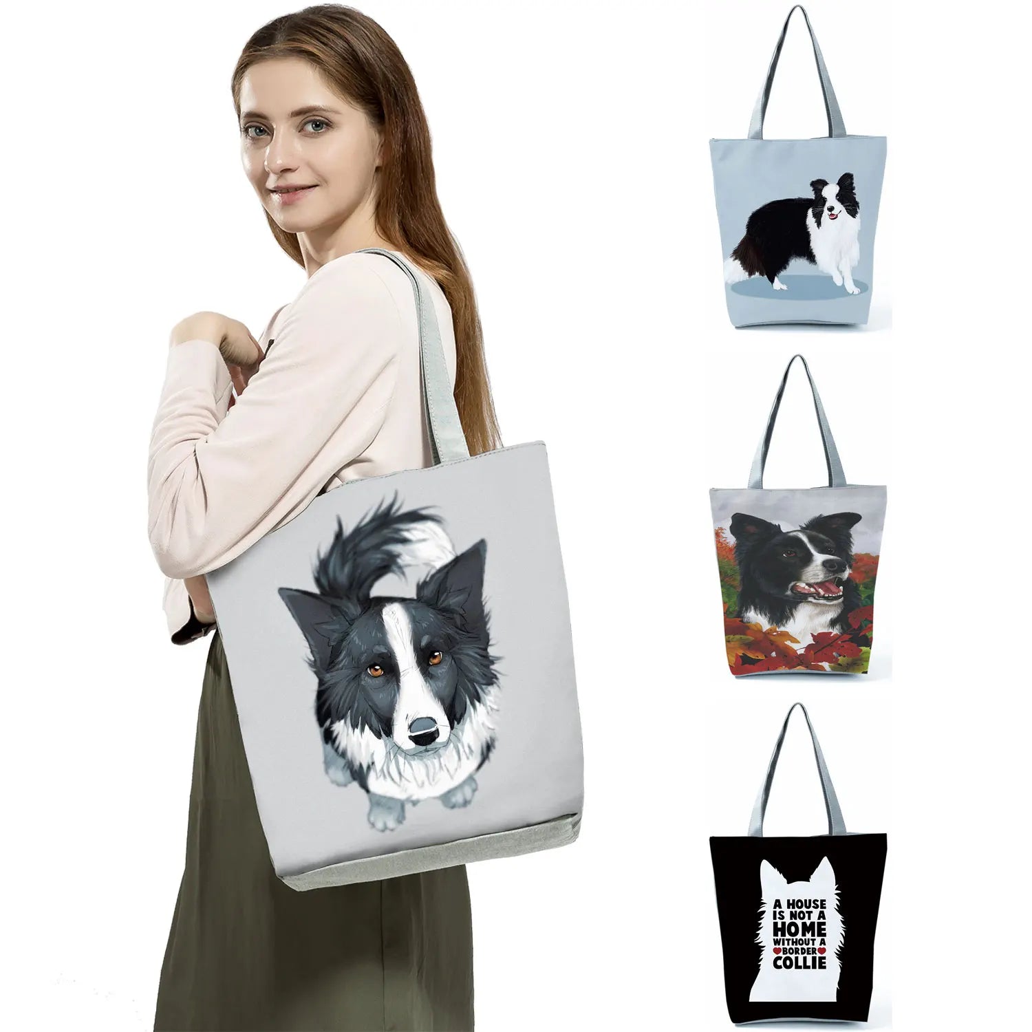 Watercolor Collie Dog Print Tote Bag Large Capacity Reusable Shopping Bag