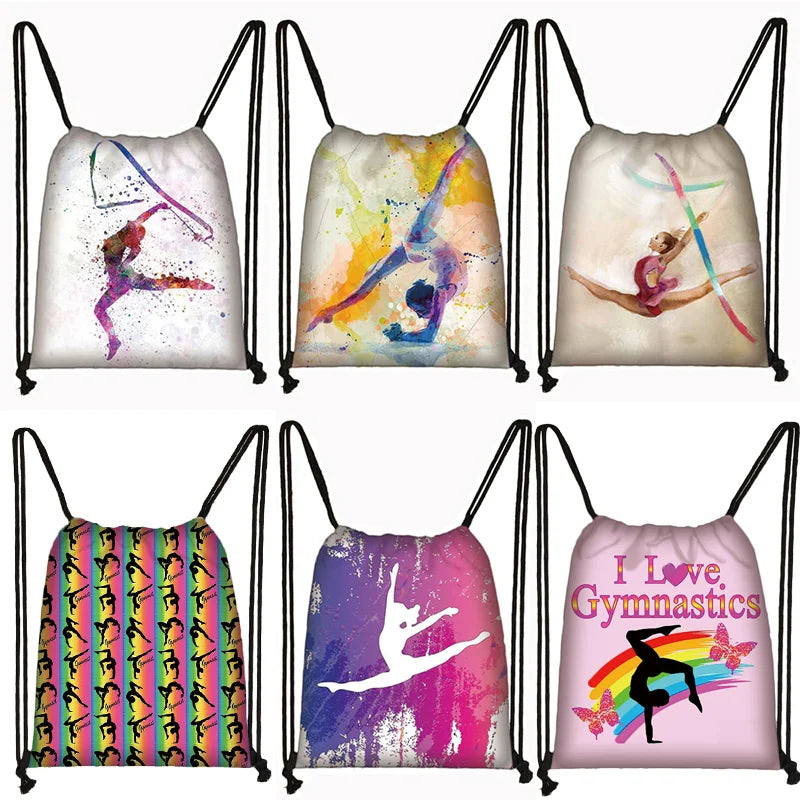 Watercolor Gymnastics Art Print Backpack Drawstring Bag Gymnast Storage Gift
