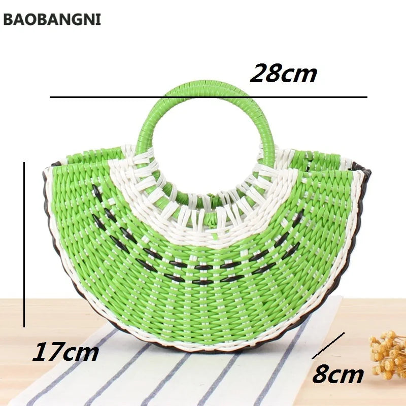 Watermelon Shape Straw Beach Bag Wood Handle Handbag Round Moon Wrapped Bag