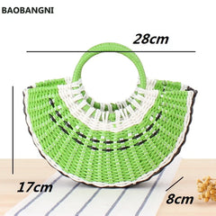 Watermelon Shape Straw Beach Bag Wood Handle Handbag Round Moon Wrapped Bag