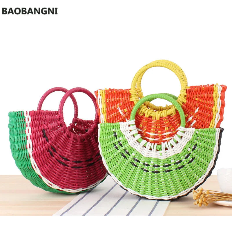 Watermelon Shape Straw Beach Bag Wood Handle Handbag Round Moon Wrapped Bag