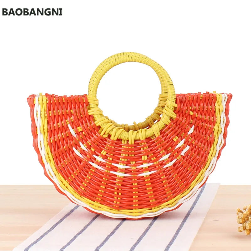 Watermelon Shape Straw Beach Bag Wood Handle Handbag Round Moon Wrapped Bag