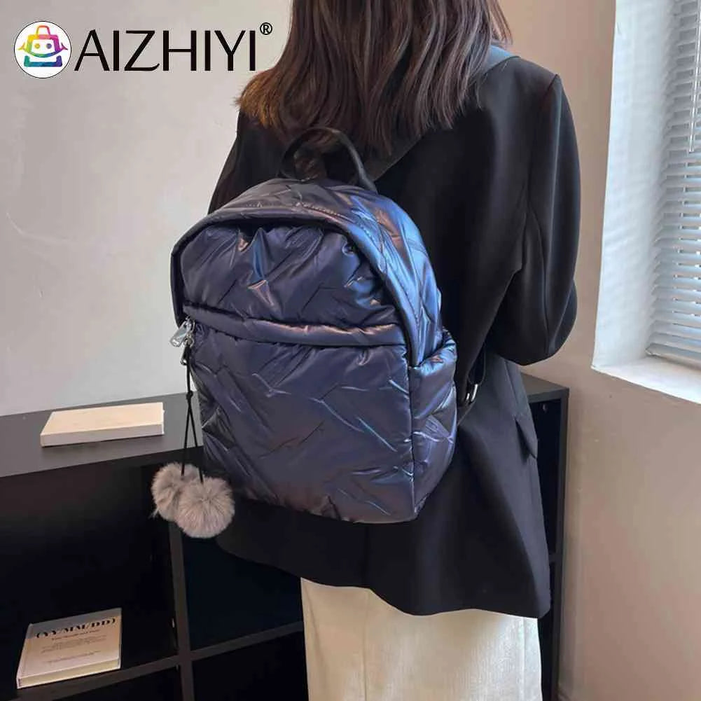 Waterproof Down Cotton School Bags Solid Women Quilted Cotton Backpack