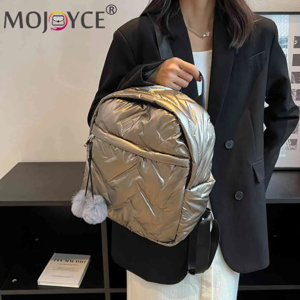 Waterproof Quilted Backpack Solid Women School Bags Zipper Pompom Ball
