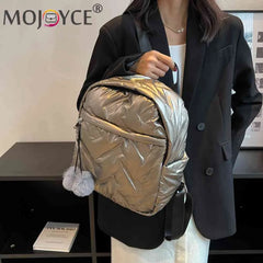 Waterproof Quilted Backpack Solid Women School Bags Zipper Pompom Ball