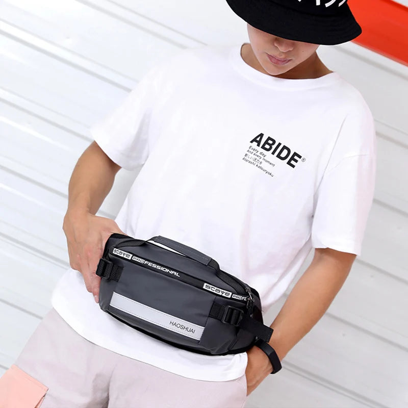 Waterproof Nylon Men Waist Bag Unisex Fanny Pack Reflective Banana Belt Bags