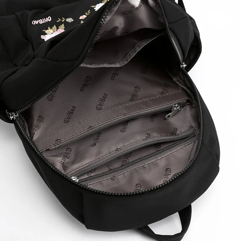 Embroidered Nylon Women Backpack for Teenage Girls