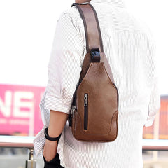 Waterproof PU Leather Chest Bag Outdoor USB Charging