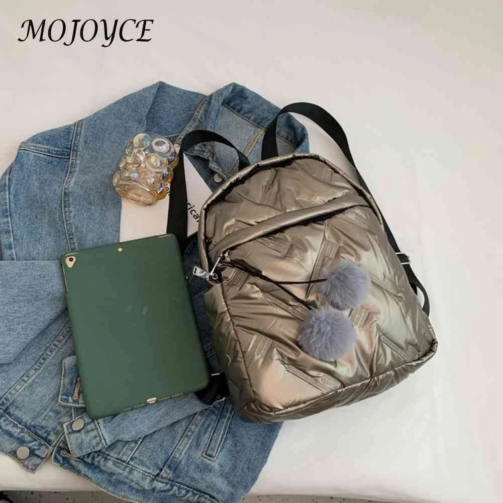 Waterproof Padded Women Student School Backpack Quilted Casual Pompom Ball