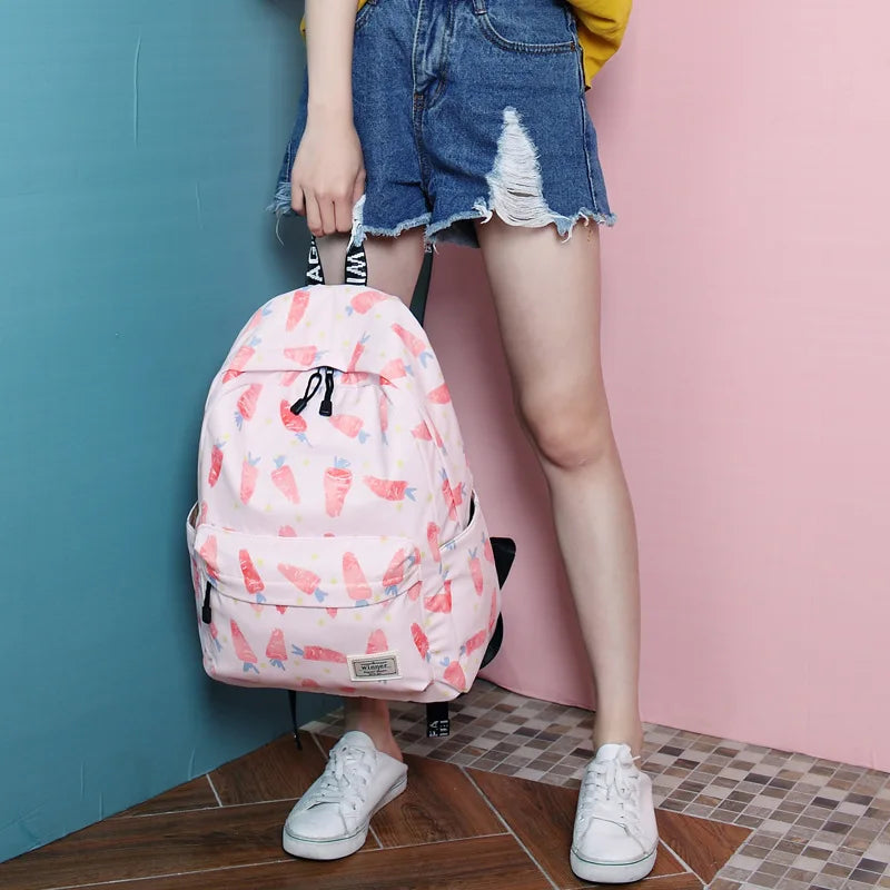 Pink Carrot Printing Backpack Women Waterproof School Bag