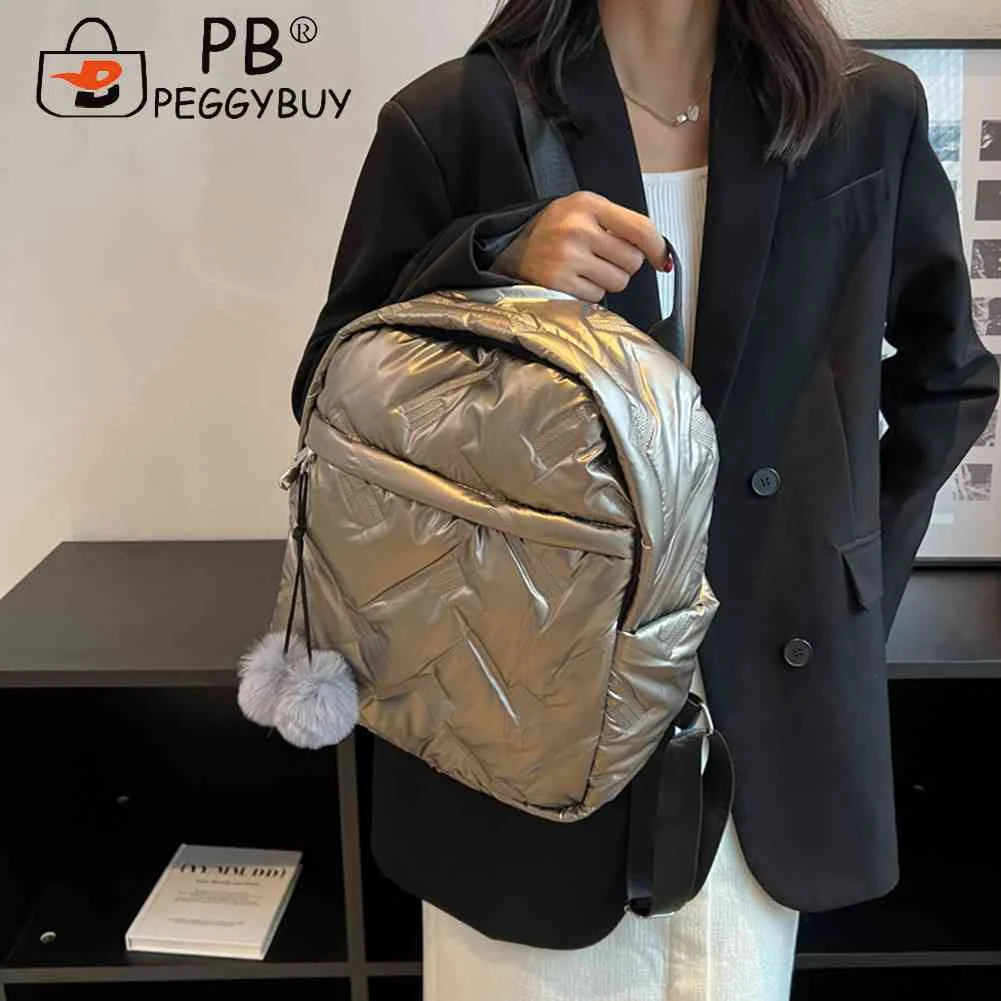 Waterproof Student School Bags Solid Quilted Backpack with Pompom Ball