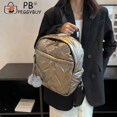 Waterproof Student School Bags Solid Quilted Backpack with Pompom Ball
