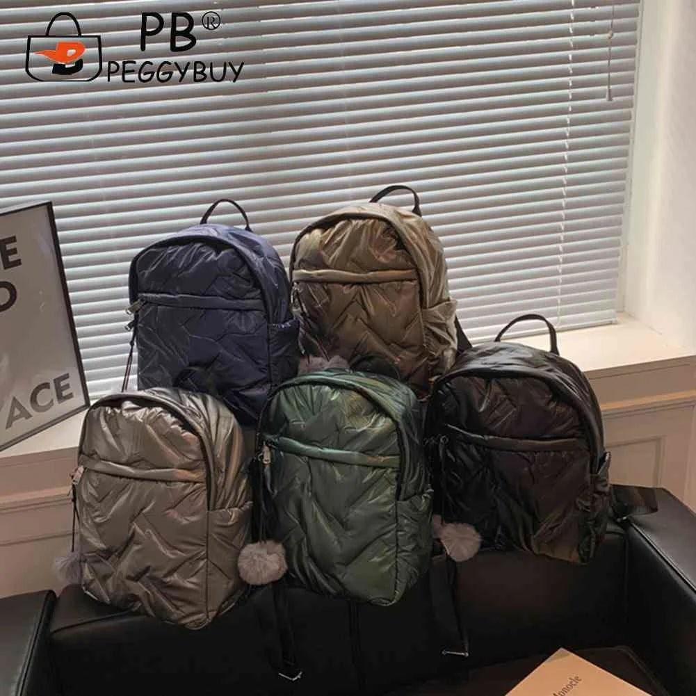 Waterproof Student School Bags Solid Quilted Backpack with Pompom Ball