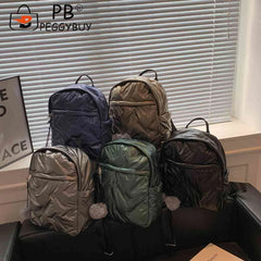 Waterproof Student School Bags Solid Quilted Backpack with Pompom Ball