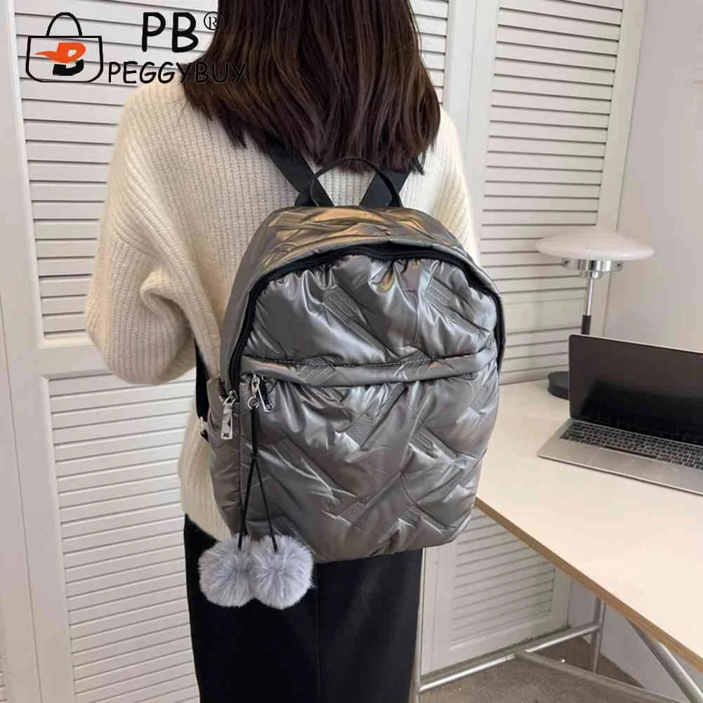 Waterproof Student School Bags Solid Quilted Backpack with Pompom Ball