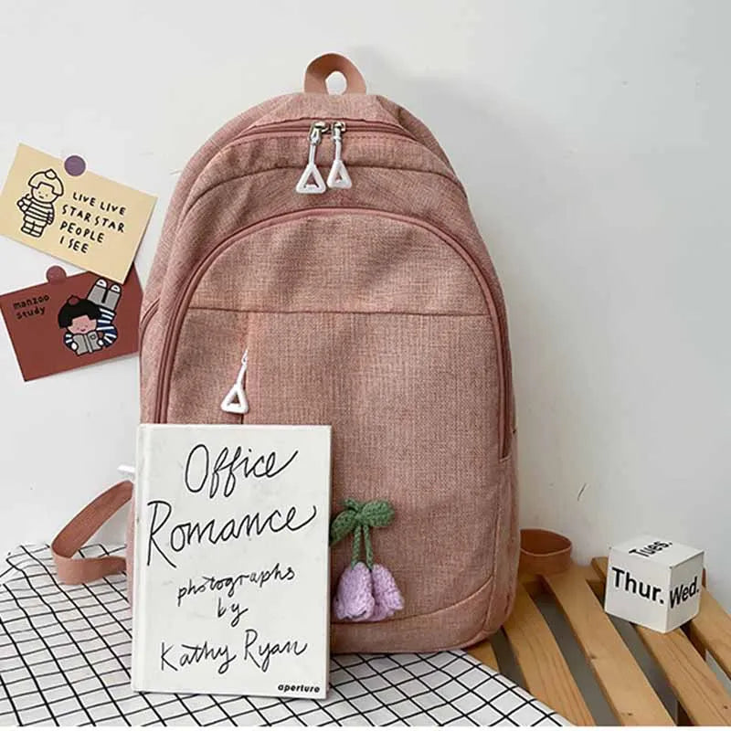 Waterproof Canvas Campus Backpack Flower Pendant Girl College Student Bag