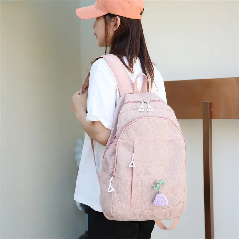 Waterproof Canvas Campus Backpack Flower Pendant Girl College Student Bag