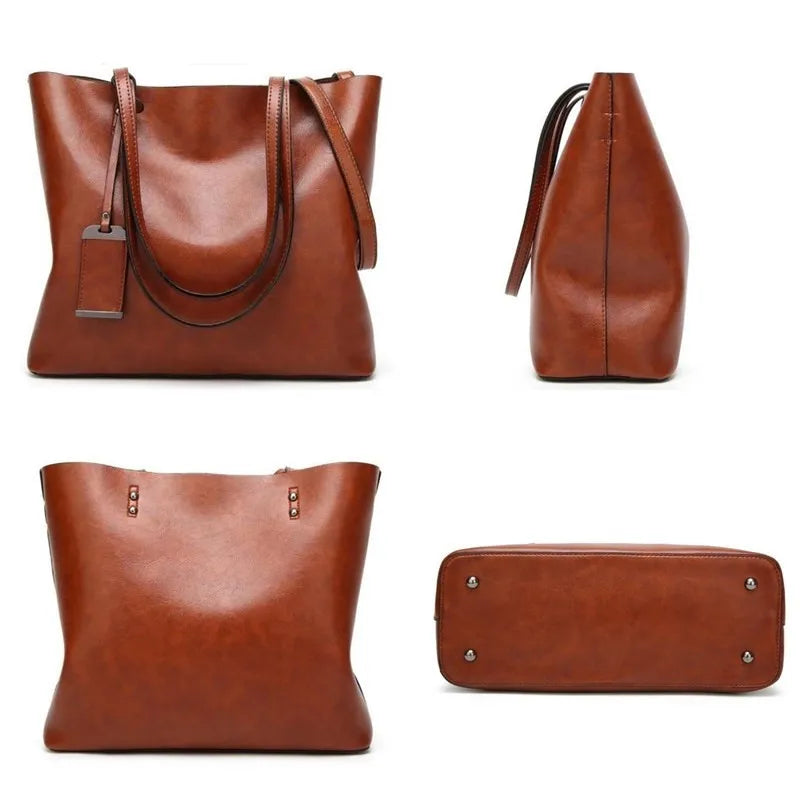 Leather Bucket Bag Double Strap Shoulder Bag