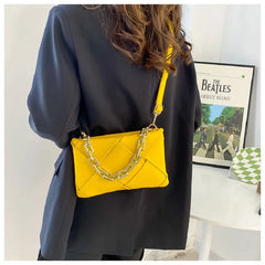 Weave Orange Leather Shoulder Bag With Chain Small Green Crossbody Bag