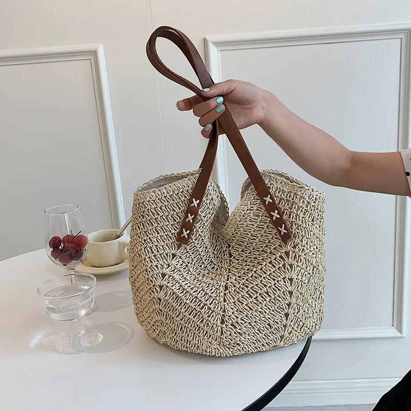 Boho Straw Tote Bag for Women Summer Beach Handbag