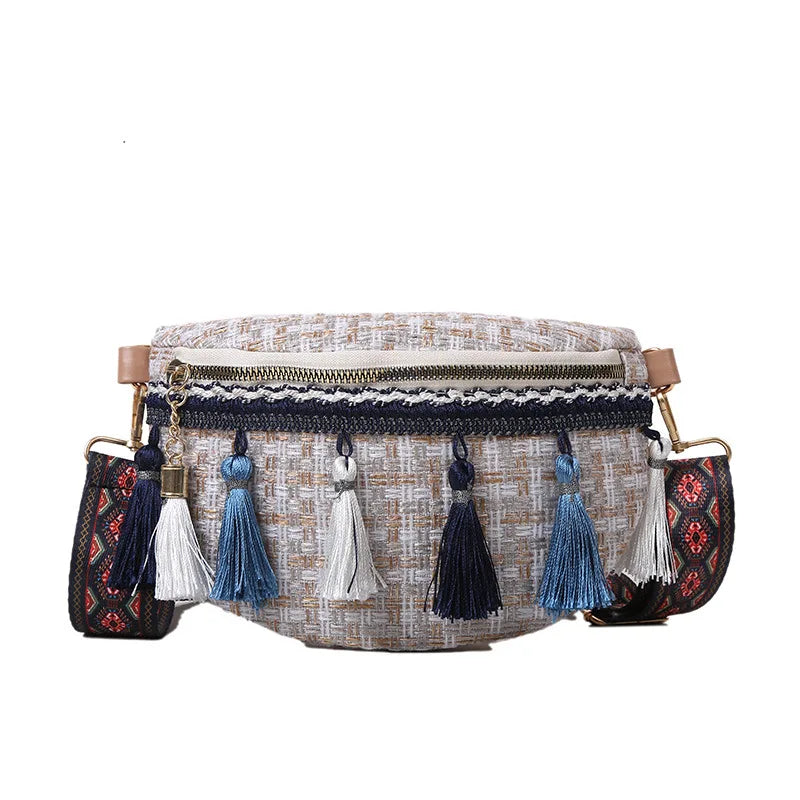 Stylish Tassel Waist Pack Female Waist Bag Ladies Wide Strap Crossbody Chest Bag