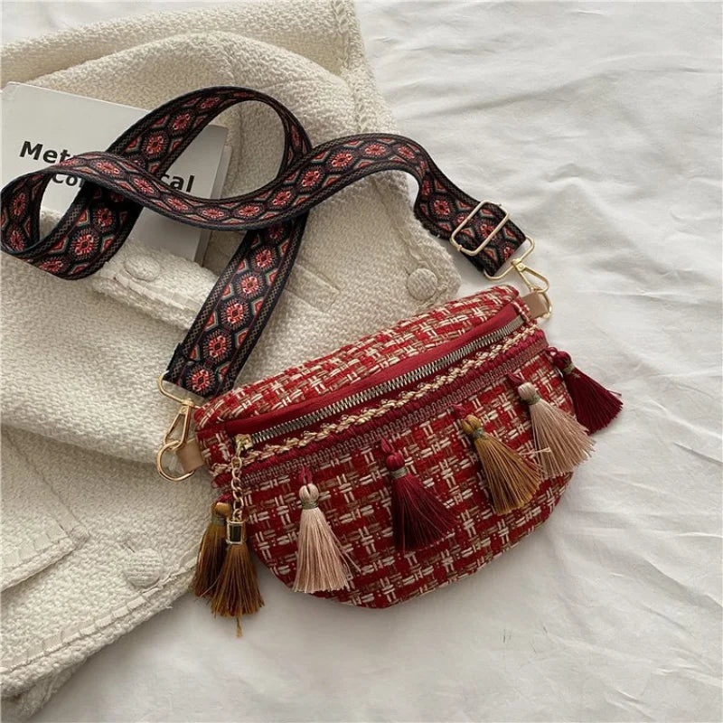 Stylish Tassel Waist Pack Female Waist Bag Ladies Wide Strap Crossbody Chest Bag