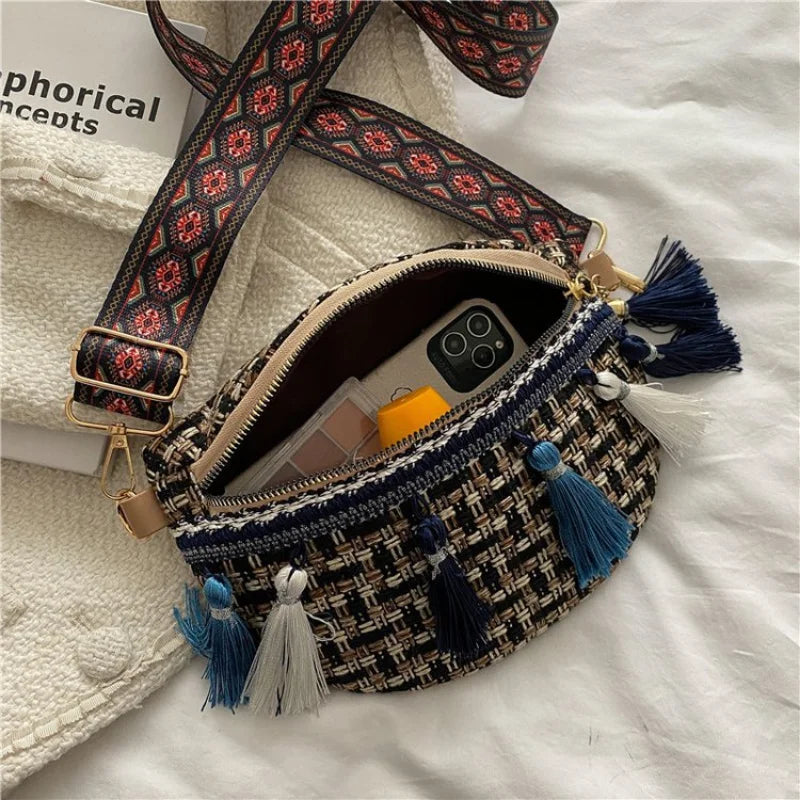 Stylish Tassel Waist Pack Female Waist Bag Ladies Wide Strap Crossbody Chest Bag