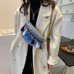 Stylish Tassel Waist Pack Female Waist Bag Ladies Wide Strap Crossbody Chest Bag