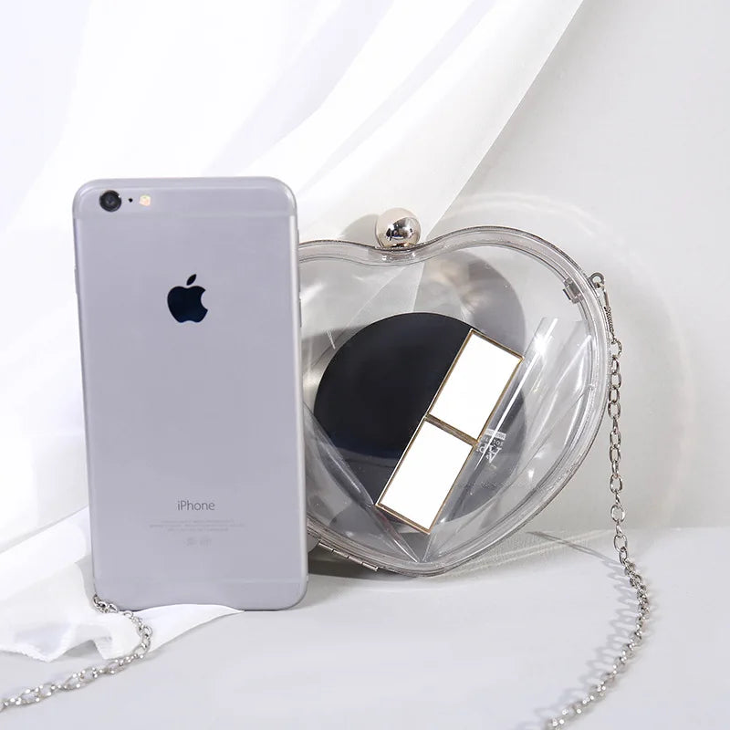 Heart Shape Acrylic Evening Bag with Metal Chain Clutch