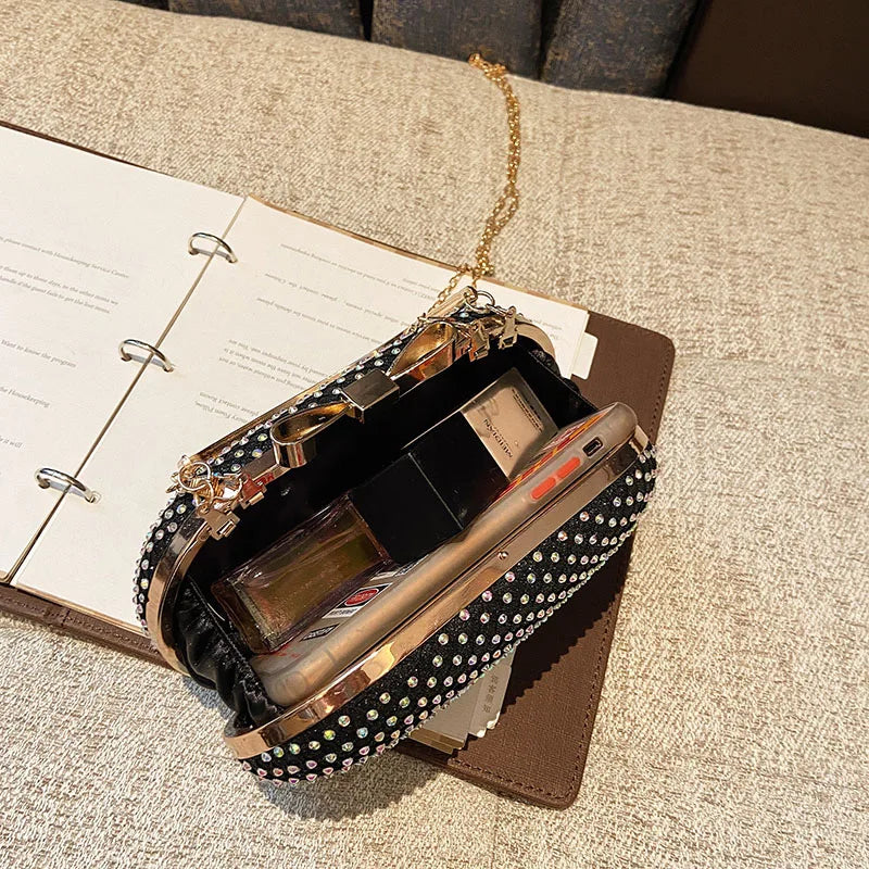 Silver Rhinestones Women Evening Bag Chain Shoulder Clutch Purse Egg Shape