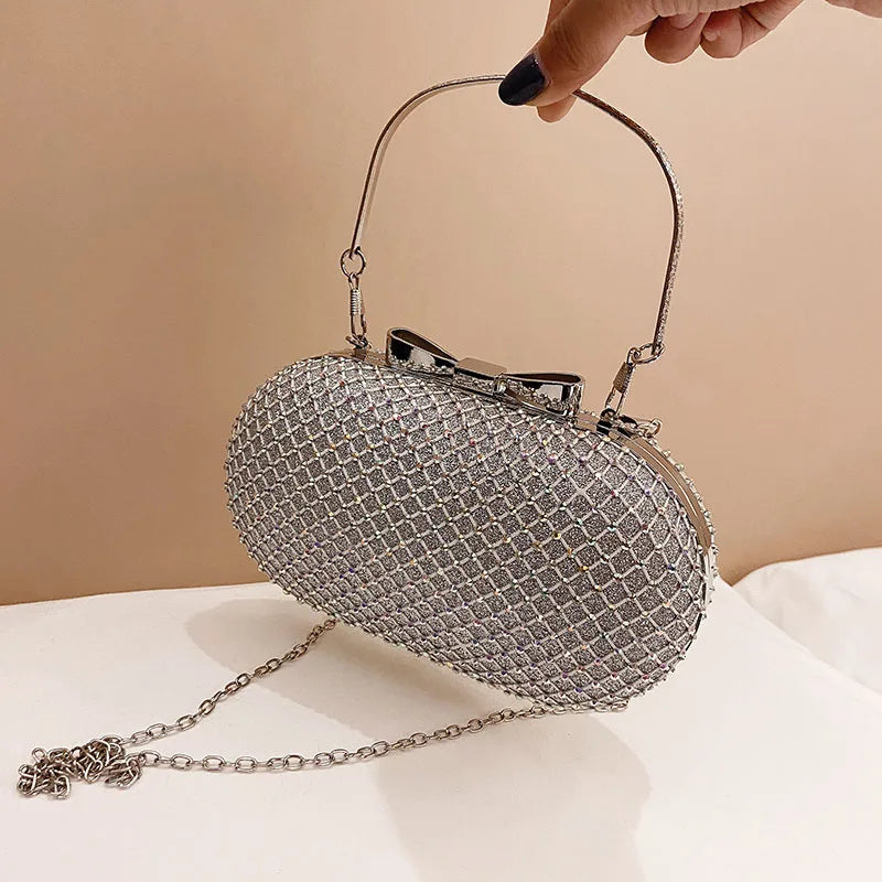 Silver Rhinestones Women Evening Bag Chain Shoulder Clutch Purse Egg Shape
