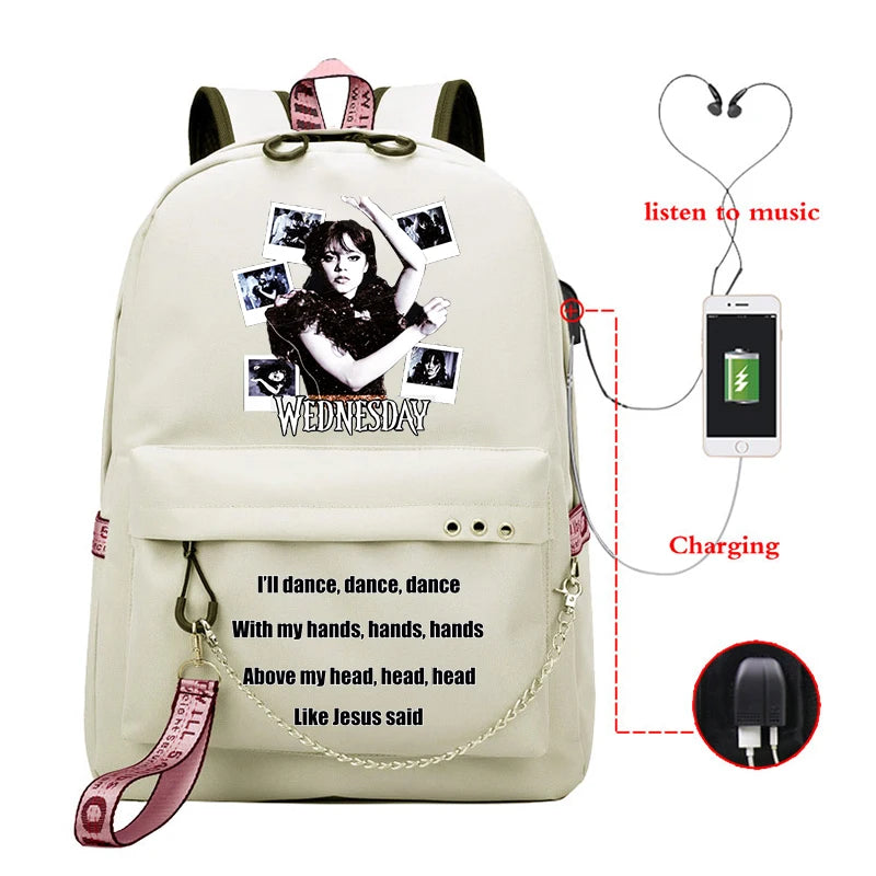 Wednesday Addams Girls Backpack USB Charging Rucksack Student Shoulder School Ba